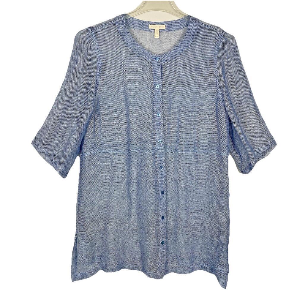 Eileen Fisher Organic Linen Tunic Jacket Women’s XL Blue Sheer Beach Coverup